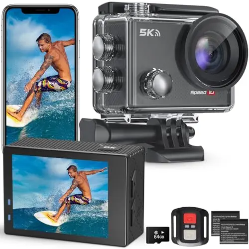 Hiicam Speed10 5K action camera in waterproof case with mounts
