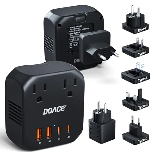 DOACE travel voltage converter for hair dryers with multiple plug options
