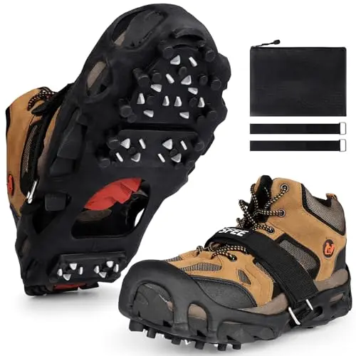 Sfee crampons with 28 stainless steel spikes on hiking boot