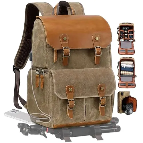 Padwa lifestyle khaki camera backpack with waxed canvas material