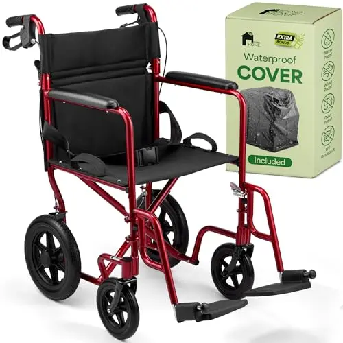 EconoHome Light Weight Wheelchair folded with waterproof cover in red color
