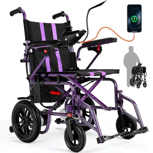SKRT Electric Wheelchair folded and unfolded in purple color with joystick control